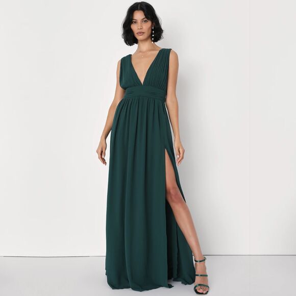NWT Lulus Heavenly Hues Forest Green Maxi Dress (L) Plunging Georgette Gown - Picture 12 of 13